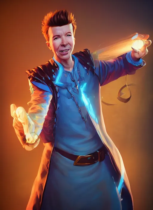Image similar to A fantasy comic book style portrait painting of a rick astley as a mage, unreal 5, DAZ, hyperrealistic, octane render, RPG portrait, dynamic lighting