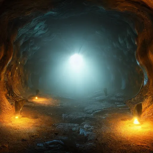 Prompt: Eldritch abomination trapped in a giant cavern with a single ray of light shining down on it, horror, dark atmosphere, gritty, 8k resolution, trending, high detail