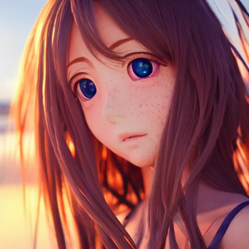 Image similar to Render of a very beautiful 3d anime girl, long hair, hazel eyes, cute freckles, full round face, short smile, cute sundress, golden hour, serene beach setting, medium shot, mid-shot, highly detailed, trending on Artstation, Unreal Engine 4k