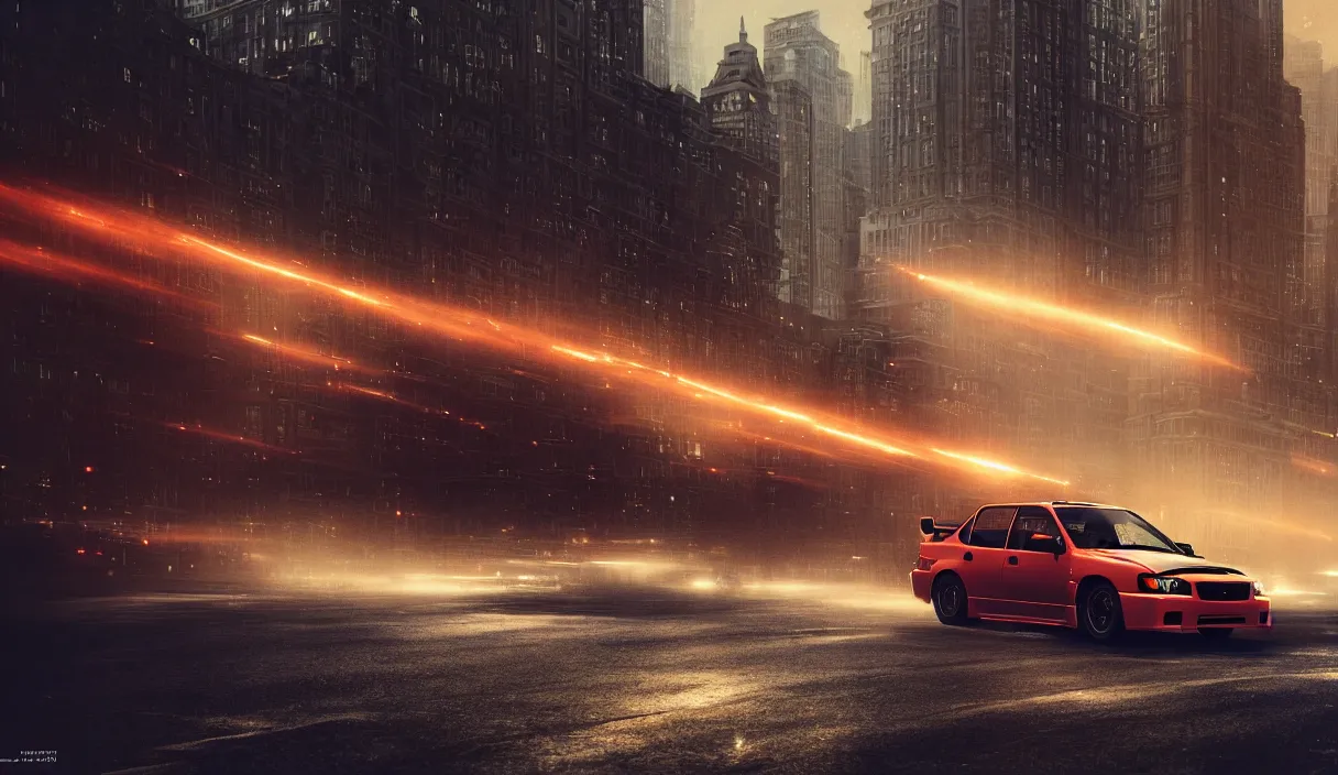 Image similar to detailed intricate digital landscape illustration by greg rutkowski and artgerm and wlop and sanford robinson gifford ; 1 9 9 4 subaru wrx sti driving in a beautiful windy city with bright headlights ; 5 0 mm film still, arri alfa anamorphic lens ; sharp focus, quentin tarantino compostion and lighting ; trending on artstation 4 k