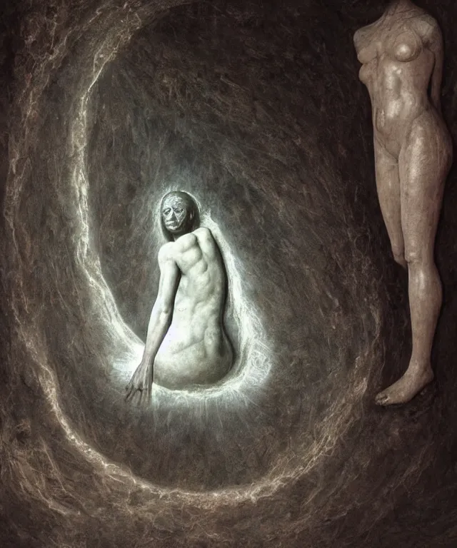 Image similar to Beautiful full-body wax sculpture of a glowing transparent woman inside egg in the singularity where stars becoming baroque folds of dark matter by Michelangelo da Caravaggio, Nicola Samori, William Blake, Alex Grey and Beksinski, dramatic volumetric lighting, highly detailed oil painting, 8k, masterpiece