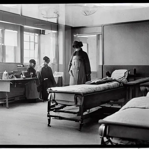 Image similar to an image of a civic hospital clinic, in a medium full shot, russian and japanese mix, high - key lighting, warm lighting, overcast flat midday sunlight, a vintage historical fantasy 1 9 1 5 photo from life magazine, professional cooperate, the new york times photojournalism.