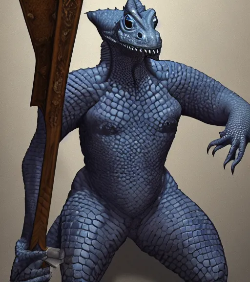 Prompt: dungeons & dragons character render, blue gray lizardman holding a large bone great - axe, half - plate armor, artwork by ross tran and ilya kuvshinov