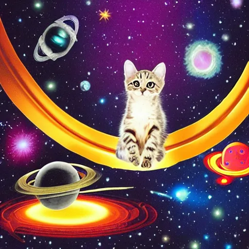 Image similar to a kitten wearing a cape floating through space surrounded by floating recliner chairs, galaxies, dramatic lighting, stars, suns, spirals