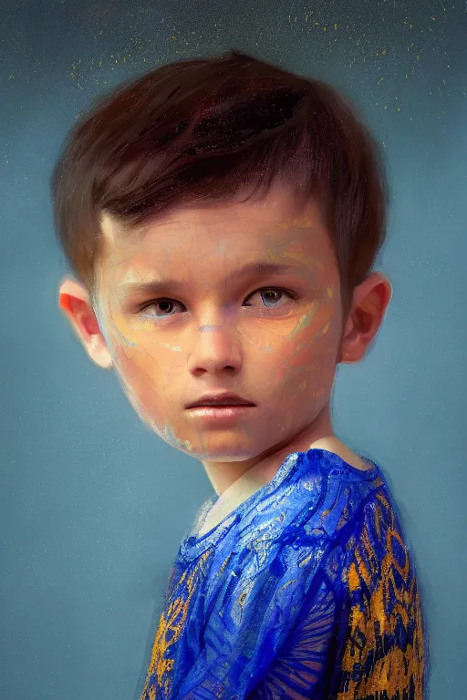 Image similar to little boy, close - up portrait, the portrait is decorated with blue and gold art deco patterns, powerfull, intricate, elegant, volumetric lighting, scenery, digital painting, highly detailed, artstation, sharp focus, illustration, concept art, ruan jia, steve mccurry