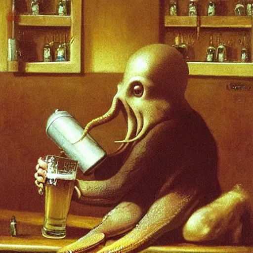 Image similar to an octopus drinking a beer in a pub, by Michael Sowa