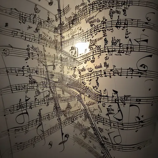 Prompt: a polished bronze sculpture of music notation, three quater notes, art installation, cinematic light, shadows, 8 k, unreal render, reflections,