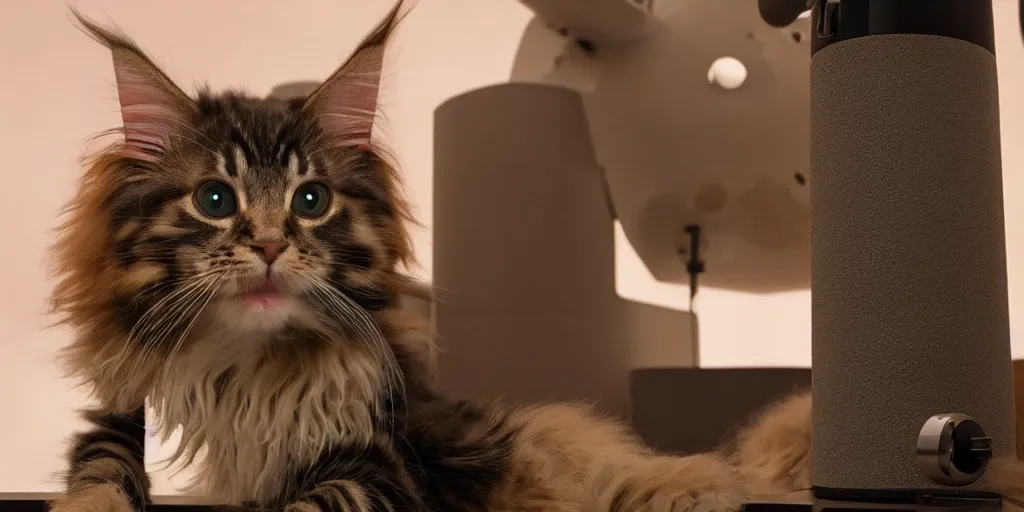 Image similar to a 3 d rendered movie still a of mainecoon robot kitten has become a cat scanning device. cyberpunk cat tree. science fiction blockbuster movie from the future, imax 7 0 mm. style of mandalorian ( american space western television series )