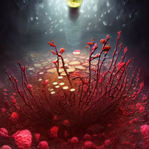 Image similar to a beautiful but creepy and haunting looking flower with a glowing red center, growing deep under the sea. Digital art, oil painting, insanely detailed and intricate, beautiful, haunting, trending on artstation, 8k hd