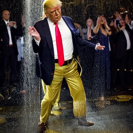 Image similar to Donald Trump dancing in a golden shower while golden rain falls