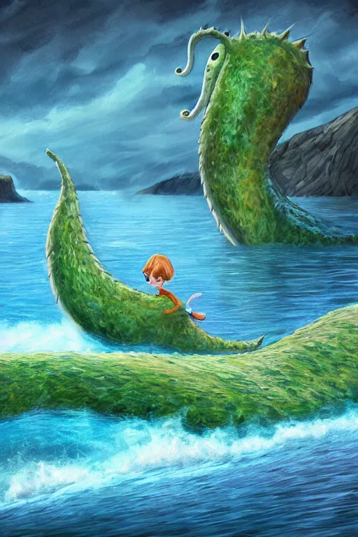 Image similar to cute cartoon childrens book illustrations of the loch ness monster, vivid colors, high details, cinematic, 8k resolution, beautiful detailed, photorealistic, digital painting, artstation, concept art, smooth, sharp focus, illustration, fantasy background, artstation trending, octane render, unreal engine