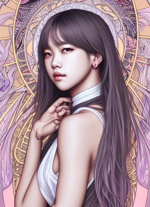 Image similar to lalisa manoban of blackpink, goddess of the moon, tarot card, highly detailed, digital painting, smooth, sharp focus, illustration, ultra realistic, 8 k, art by artgerm and alphonse mucha