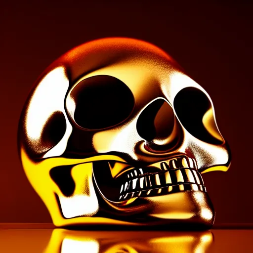 Image similar to chrome skull with molten chocolate being poured over it, hyperrealistic, beautiful reflections, extreme detail, photo, cinema 4 d, octane, artstation, cgsociety,