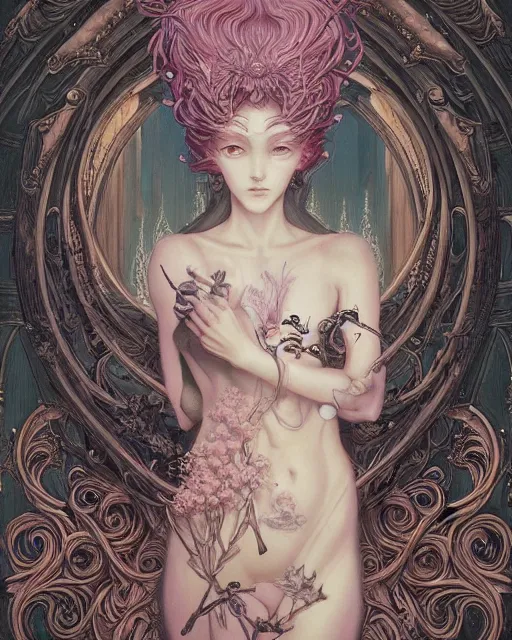 Image similar to a beautiful detailed front view of a pretty anime girl with ornate growing around, ornamentation, baroque architecture, elegant, beautifully soft lit, by wayne barlowe, peter mohrbacher, kelly mckernan