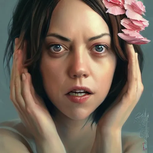 Image similar to pink petals with a a wonderful aubrey plaza and christina ricci serving chicken wings in hooters shirt, intricate, elegant, highly detailed, wonderful eyes, sweet, digital painting, artstation, concept art, smooth, sharp focus, illustration, art by artgerm and greg rutkowski and concept art