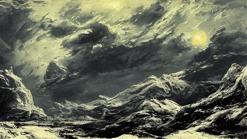 Image similar to a low gravity alien landscape illustrated by peder balke