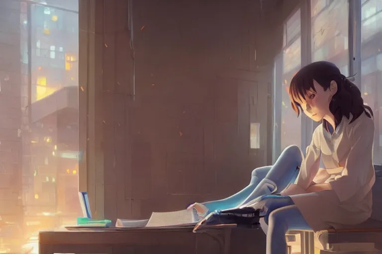 Image similar to girl helping a robot learn to read, scenic full shot, ambient lighting, detailed face, by makoto shinkai, stanley artgerm lau, wlop, rossdraws