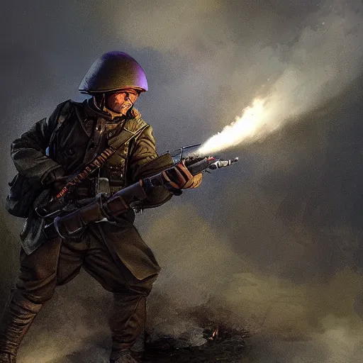 Image similar to a soldier in a trench receiving artillery fire, purple smoke, digital art artstation