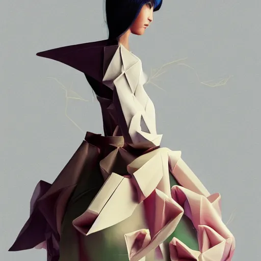 Prompt: 3 / 4 view of a beautiful girl wearing an origami dress, eye - level medium shot, elegant, by eiko ishioka, by peter mohrbacher, centered, fresh colors, origami, fashion, detailed illustration, vogue, high depth of field, japanese, reallusion character creator