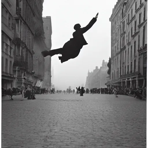 Prompt: the man leaping with umbrella, by henri cartier bresson,