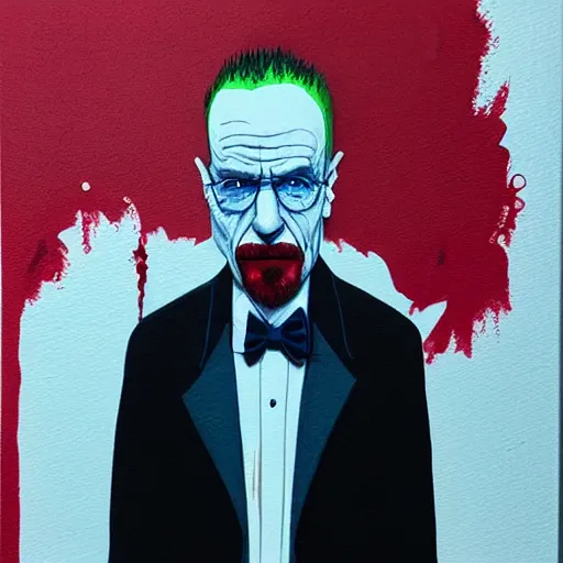 Image similar to walter white wearing the joker suit, dripping paint