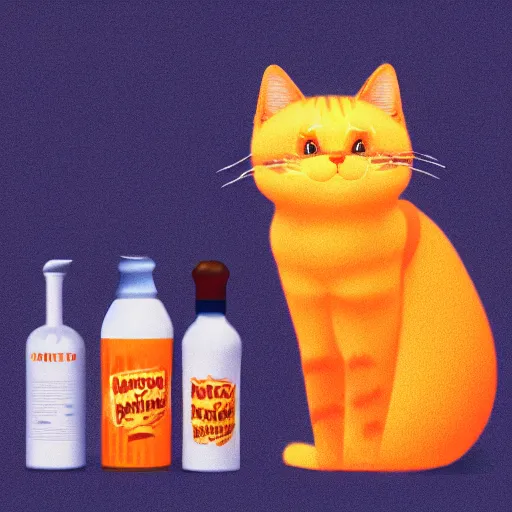 Prompt: a cat standing next to a bottle of medicine, the cat is smiling, the cat is orange, the cat is fluffy, digital art, artstation, animal, octane render,