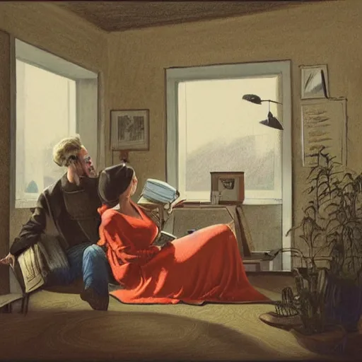 Prompt: A beautiful drawing of a man and a woman sitting in a room. The woman is reading a book while the man is writing at a desk. The light from the window illuminates the room and the couple. The couple is surrounded by a few items in the room, including a globe and a few potted plants. fluorescent orange by Albert Lynch, by Shinji Aramaki, by Quint Buchholz distorted, rigorous