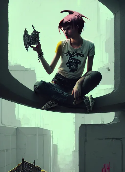 Image similar to highly detailed matte painting, of punk girl sitting on maximalist 3 d calligraphy graffiti tag light eroding grey walls, by atey ghailan, by greg rutkowski, by greg tocchini, by james gilleard, by joe fenton, by kaethe butcher, yellow, brown, black and cyan mystical color scheme, grunge aesthetic, octane render