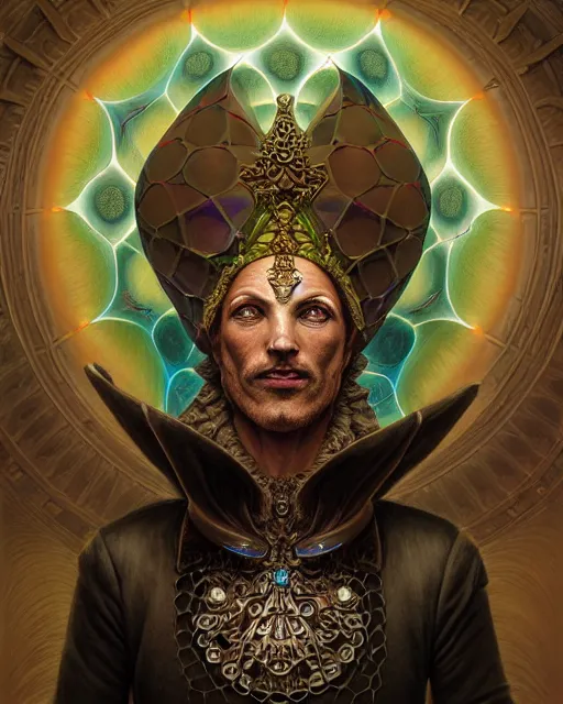 Prompt: front shot of a court jester character, hyperdimensional, bioluminescent hypercubes, ((intricate)), elegant, highly detailed, centered, (((artstation, concept art, smooth, sharp focus, artgerm, Tomasz Alen Kopera, Peter Mohrbacher, donato giancola, Joseph Christian Leyendecker, WLOP, Boris Vallejo))), mugshot!!!!!, ugly!!!!!!, octane render, nvidia raytracing demo, grainy, muted, 8K