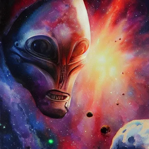 Image similar to alien extraterrestrial elon musk in space. watercolor. dramatic. amazing painting. formal. beautiful. high resolution. highly realistic. close - up. trending on artstation
