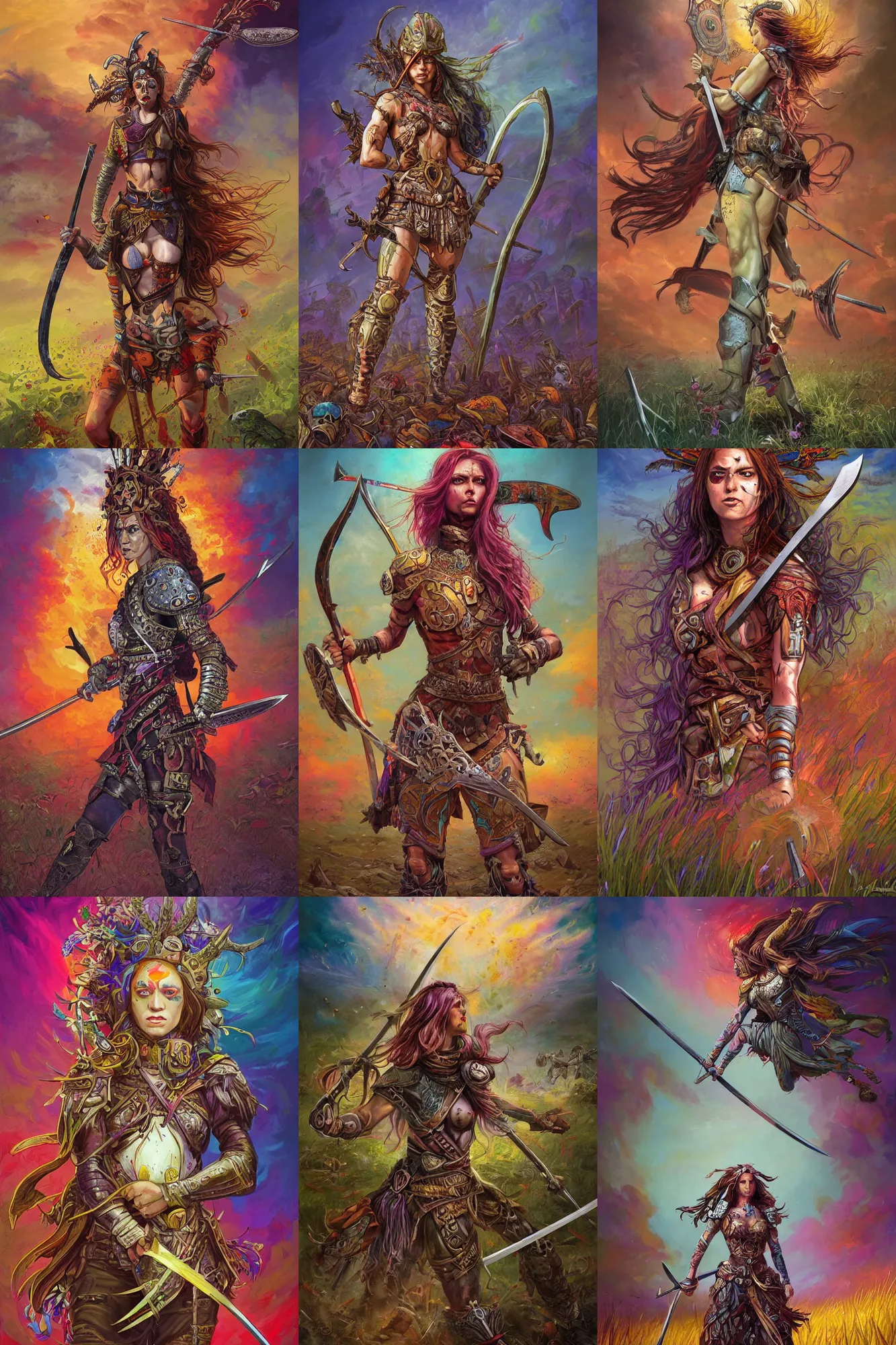 Prompt: woman, warrior, shield, spear, place of battle, swords stuck in the ground, skulls on the ground, highly saturated colors, detailed illustration, digital art, overdetailed art, concept art, full character, character concept, long hair, full body shot, many colors, colorful, all colors, highly saturated colors, Dan Mumford, Peter Mohrbacher, Alfons Mucha, fantasy character, detailed illustration, hd, 4k, digital art, overdetailed art, concept art, trending on artstation