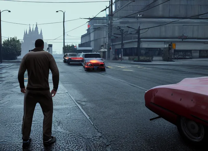 Image similar to cinematic screenshot gta 5, rain, man in adidas tracksuit, churches, buildings, road, moskvich, rtx reflections, gta vi, moscow, soviet apartment buildings, award winning, artstation, intricate details, realistic, hyperdetailed, 8 k resolution