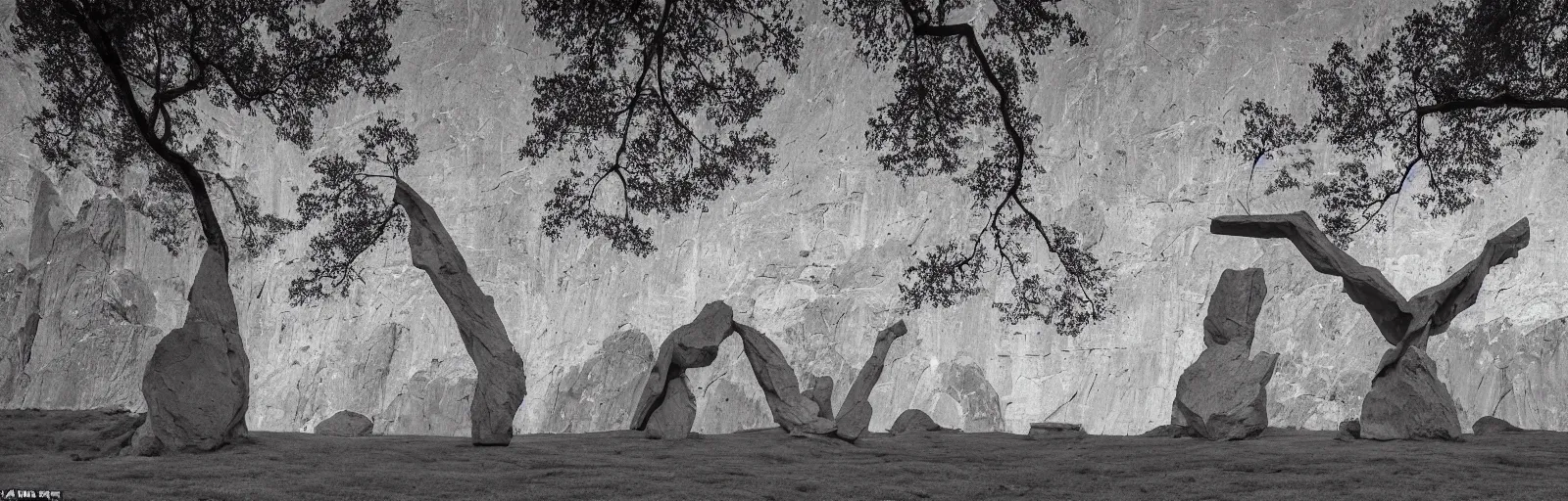 Prompt: to fathom hell or soar angelic, just take a pinch of psychedelic, medium format photograph of two colossal minimalistic necktie sculpture installations by antony gormley and anthony caro in yosemite national park, made from iron, marble, and limestone, granite peaks visible in the background, taken in the night