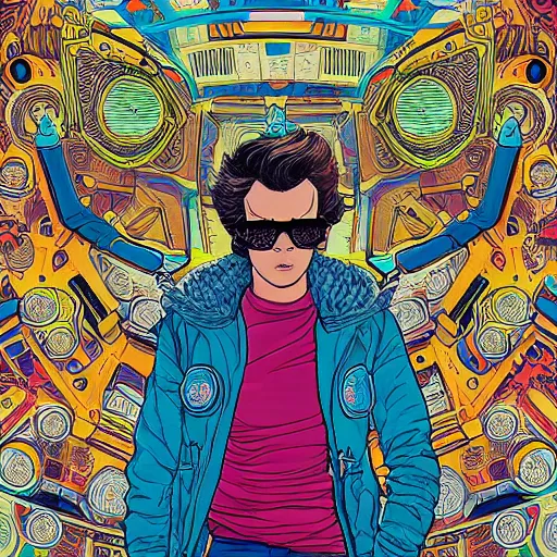 Prompt: hyper detailed comic illustration of a cyberpunk Harry Styles wearing a futuristic sunglasses and a gorpcore jacket, markings on his face, by Josan Gonzalez and Geof Darrow, intricate details, vibrant, solid background, low angle fish eye lens