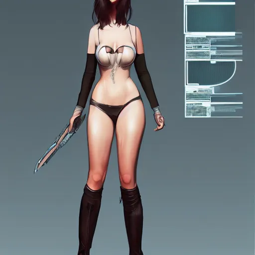 Image similar to character sheet cute girl, digital art by wlop. character design concept art. artstation contest winner, cinematic paint. lower shot. blade runner, scifi, candy girl