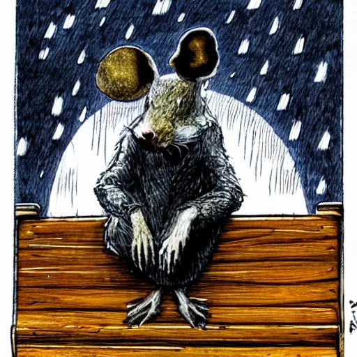 Image similar to sad anthropomorphic rat, by ralph steadman, sad, lonely, moody lighting, wearing a fur coat, in the rain, at night, sitting on a park bench