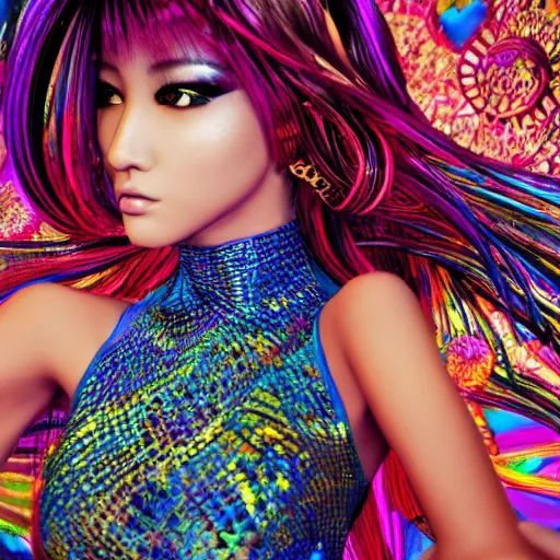 Image similar to japanese model with maximalist hair style and makeup, bright colors, fashion mode, portrait, gliter, depth of field, 8 k, hyper detailed, intricate, trending on artstation