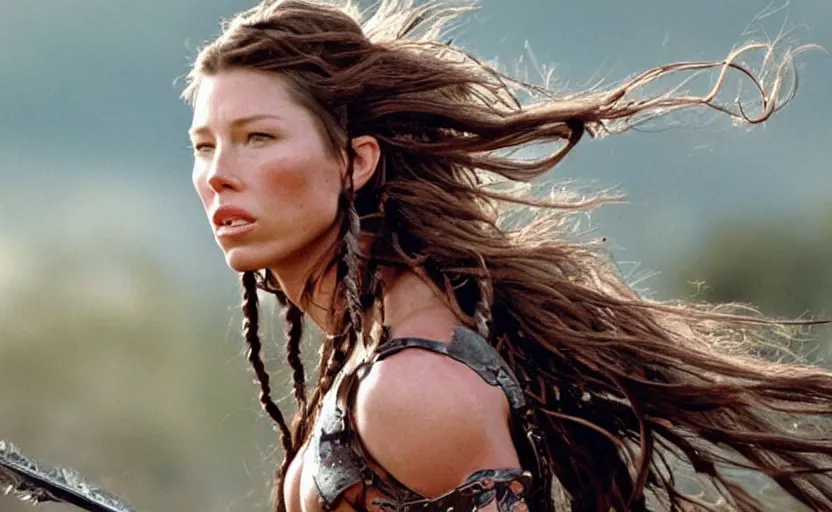 Prompt: epic photo of muscular jessica biel as beautiful barbarian warrior princess with long curly black hair blowing in the wind in a battle scene, sweaty, detailed eyes, neutral expression, shallow depth of field, photorealistic, cinematic lighting, lovely bokeh, warm colours, sunset south, strong rim light, movie quality, willow 1 9 8 5, movie still