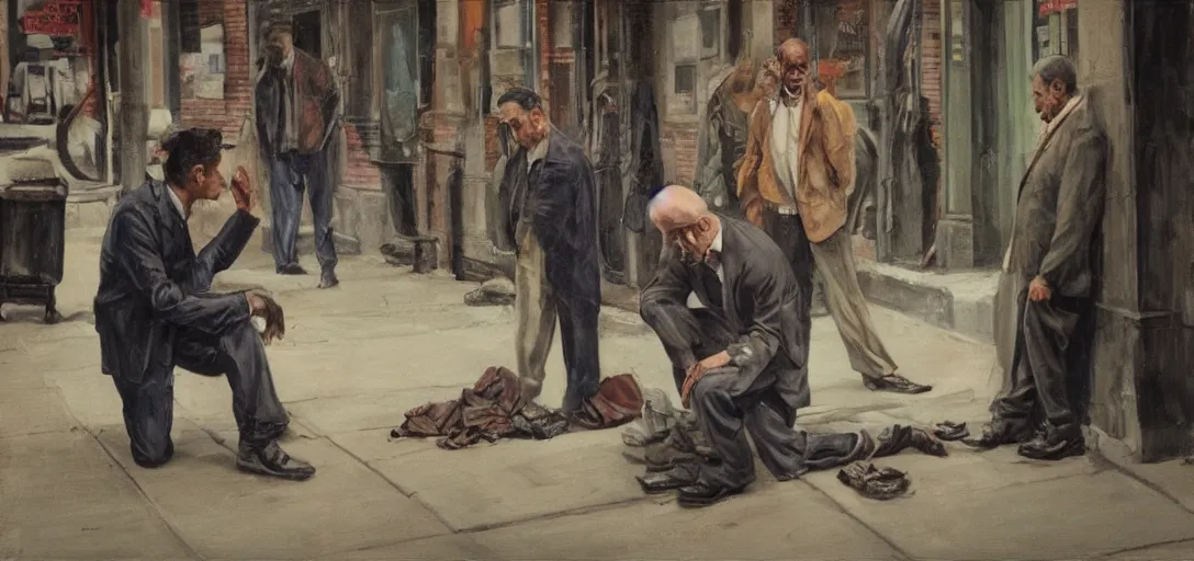 Image similar to man, begging for forgiveness, streets of New York, photo, realistic