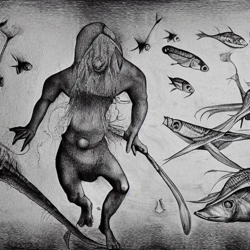 Prompt: little fish, big fish, swimming in the water come back here, man, gimme my daughter, ink drawing of by hieronymus bosch hyper realistic, dark fantasy detailed, high definition insanely detailed, bitter super - resolution microscopy dark lighting, x - ray black and white