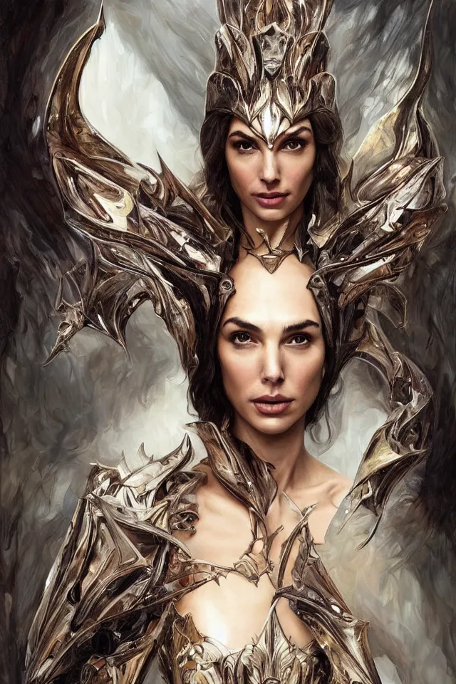 Image similar to Frightening and beautiful Gal Gadot as High elf queen wearing high fashion from Alexander McQueen and Iris Van Herpen, hyperrealistic masterpiece painted by Jaime Jones, Craig Mullins, Artgerm and Alphonse Mucha