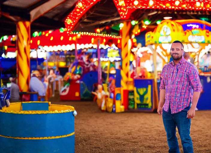 Image similar to photo still of sinbad at the county fair!!!!!!!! at age 3 6 years old 3 6 years of age!!!!!!!! playing ring toss, 8 k, 8 5 mm f 1. 8, studio lighting, rim light, right side key light