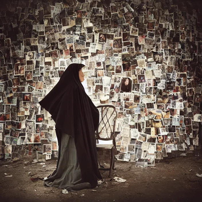 Prompt: a closeup portrait of a woman wearing a cloak made of photographs, staring at an empty chair, derelict home, photograph, by vincent desiderio, canon eos c 3 0 0, ƒ 1. 8, 3 5 mm, 8 k, medium - format print