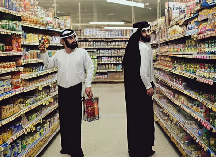 Prompt: an Arab man in traditional dress standing in a supermarket aisle and holding a black helium balloon on a string while starring directly at the camera menacingly, directed by Stanley Kubrick, 4k, high definition cinematography