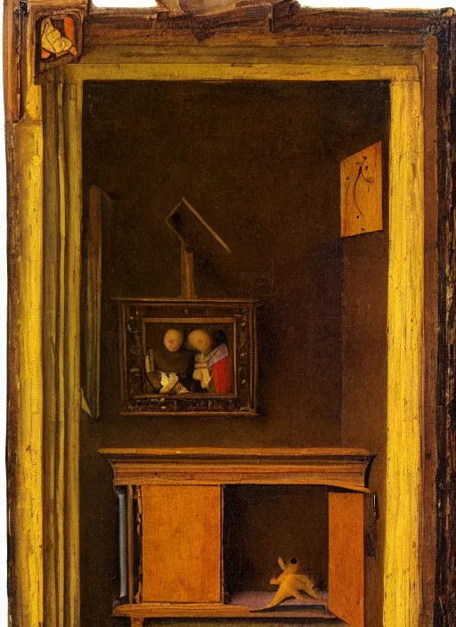 Image similar to bookshelf with children toys, medieval painting by jan van eyck, johannes vermeer, florence