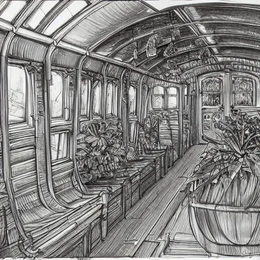 Image similar to annotated highly, detailed and intricate, sketch of the inside of a carriage cabin full of green plants, marker concept art style rendering, concept art, half blueprint, trending on artstation, intricate details, center frame, annotations