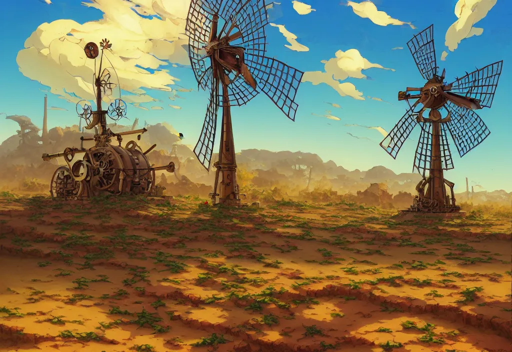 Prompt: steampunk windmill in the desert with chubby vines and puddles in the foreground, intricate oil painting, high detail illustration, sharp high detail, manga and anime 1 9 9 9, official fanart behance hd artstation by jesper ejsing and makoto shinkai, 4 k,