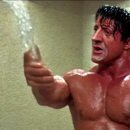 Image similar to movie still from the movie The Rock (1996), rendering of sylvester stallone in the shower room scene, cinematic,