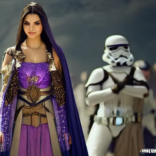 Image similar to victoria justice with huge chest as princess padme in star wars, 8k resolution, full HD, cinematic lighting, award winning, anatomically correct