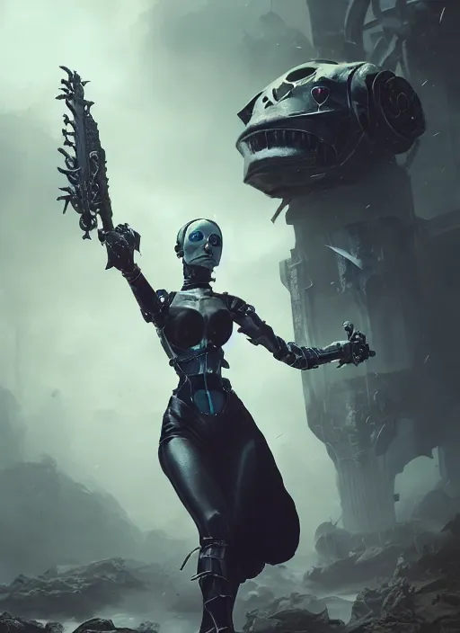 Prompt: hyper realistic photography of heroic warhammer machine robotic android girl, eva green, wednesday addams, cinematic, chaos marine, artstation, cgsociety, full body greg rutkowski, james gurney, mignola, craig mullins, brom redshift, vray, octane